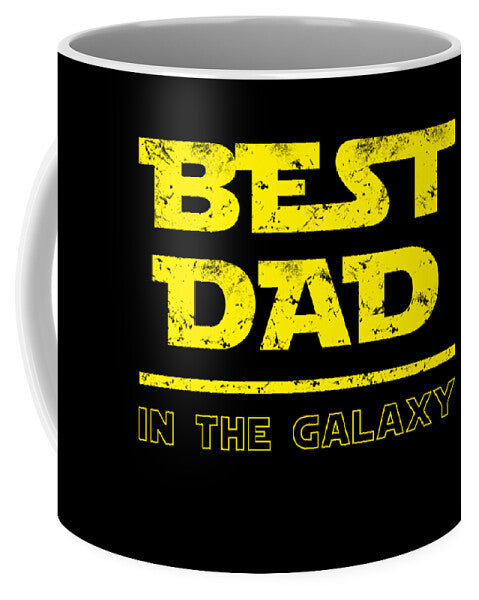Black mug with yellow 'BEST DAD' and 'IN THE GALAXY' lettering
