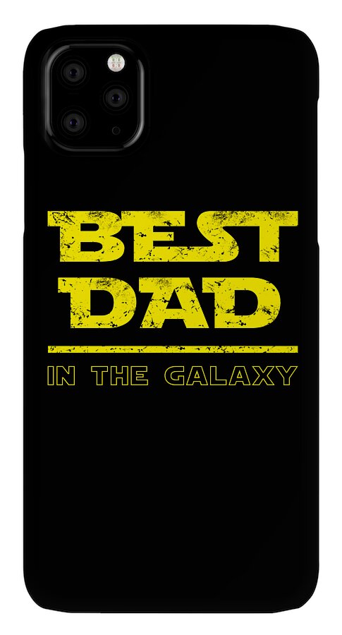 Black phone case with yellow “BEST DAD” and “IN THE GALAXY” text, top-left camera cutouts.