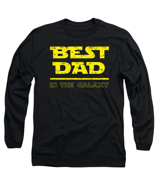 Black long sleeve T-shirt with yellow “Best Dad in the Galaxy” graphic