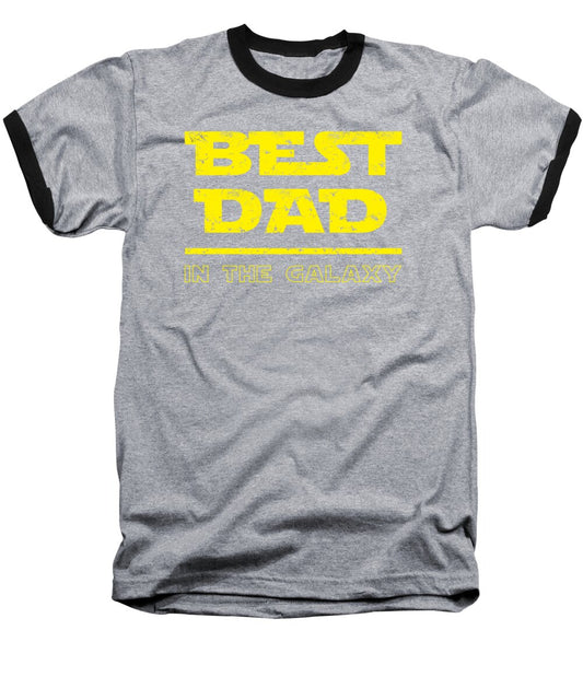 Heather gray baseball T-shirt with black raglan sleeves and 'BEST DAD' galaxy graphic