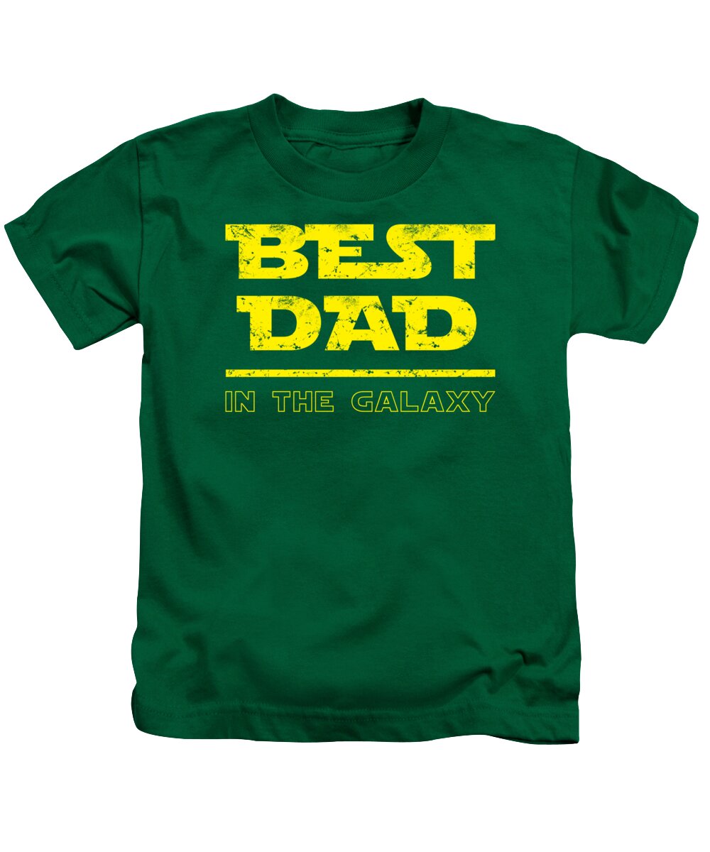 Kids kelly green T-shirt with yellow “BEST DAD” and “IN THE GALAXY” graphic text print