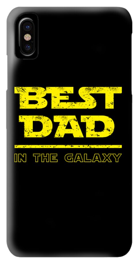 Black phone case with yellow “BEST DAD” and “IN THE GALAXY” text, light side border.