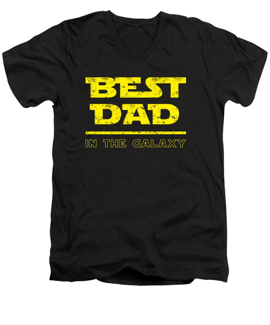 Men's black v-neck T-shirt with yellow 'BEST DAD' and 'IN THE GALAXY' graphic