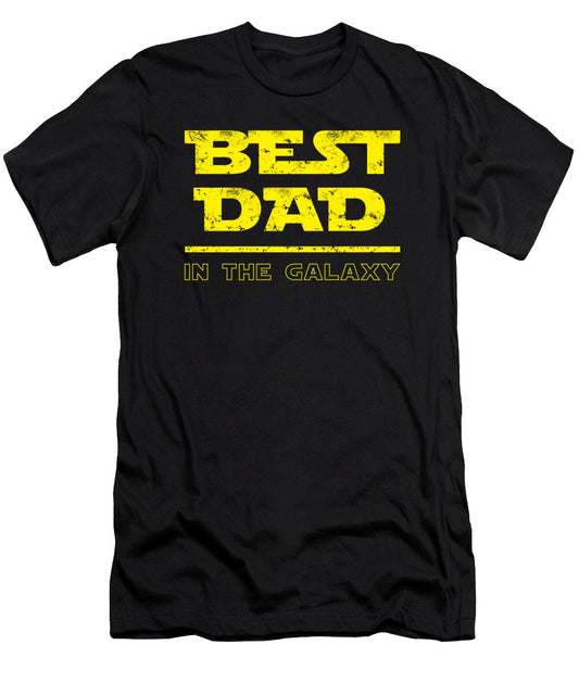 Black T-shirt with yellow graphic text, "BEST DAD" and "IN THE GALAXY"