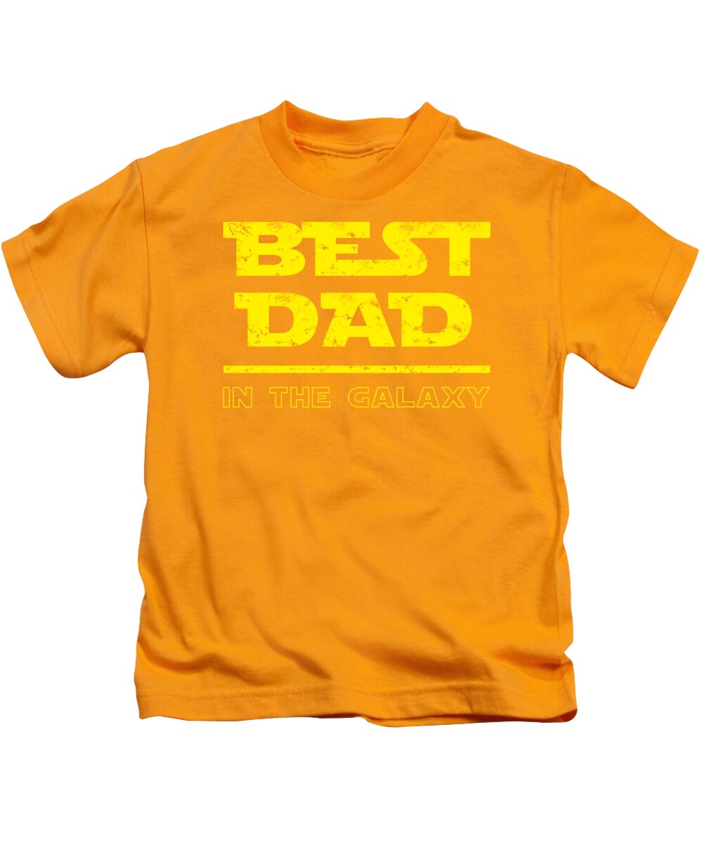 Kids golden orange T-shirt with yellow “BEST DAD” and “IN THE GALAXY” graphic text print