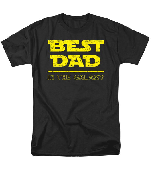 Men's black T-shirt with neon yellow 'Best Dad in the Galaxy' graphic