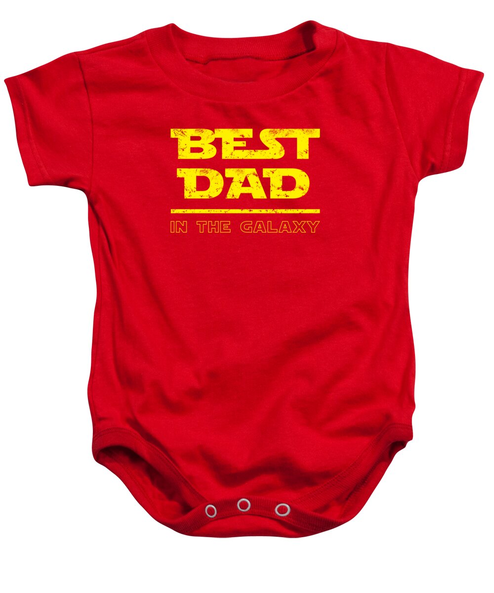 Red baby onesie with 'BEST DAD IN THE GALAXY' graphic on front, short sleeves