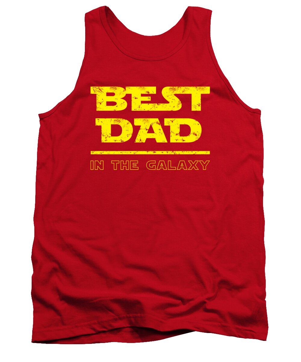 Red tank top with yellow “BEST DAD IN THE GALAXY” front graphic.