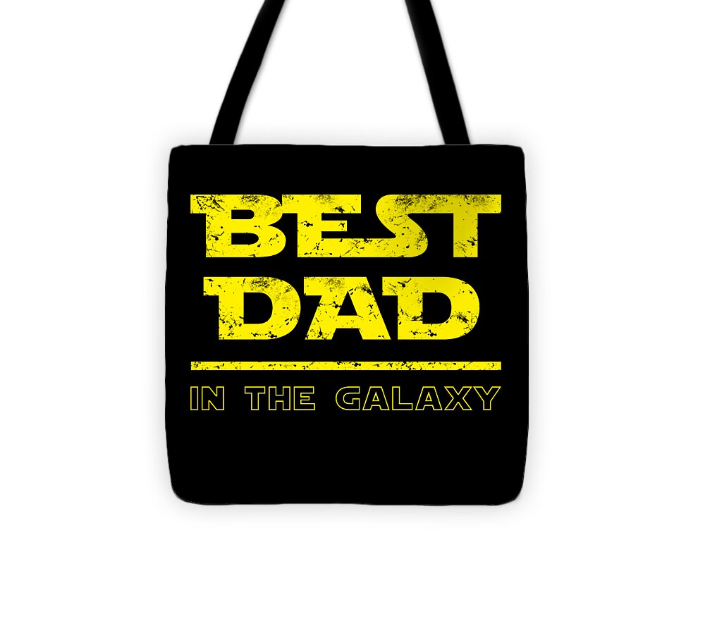 Black tote bag with yellow BEST DAD IN THE GALAXY graphic