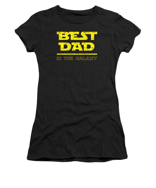 Women's graphic T-shirt, black crew neck with yellow “BEST DAD” print