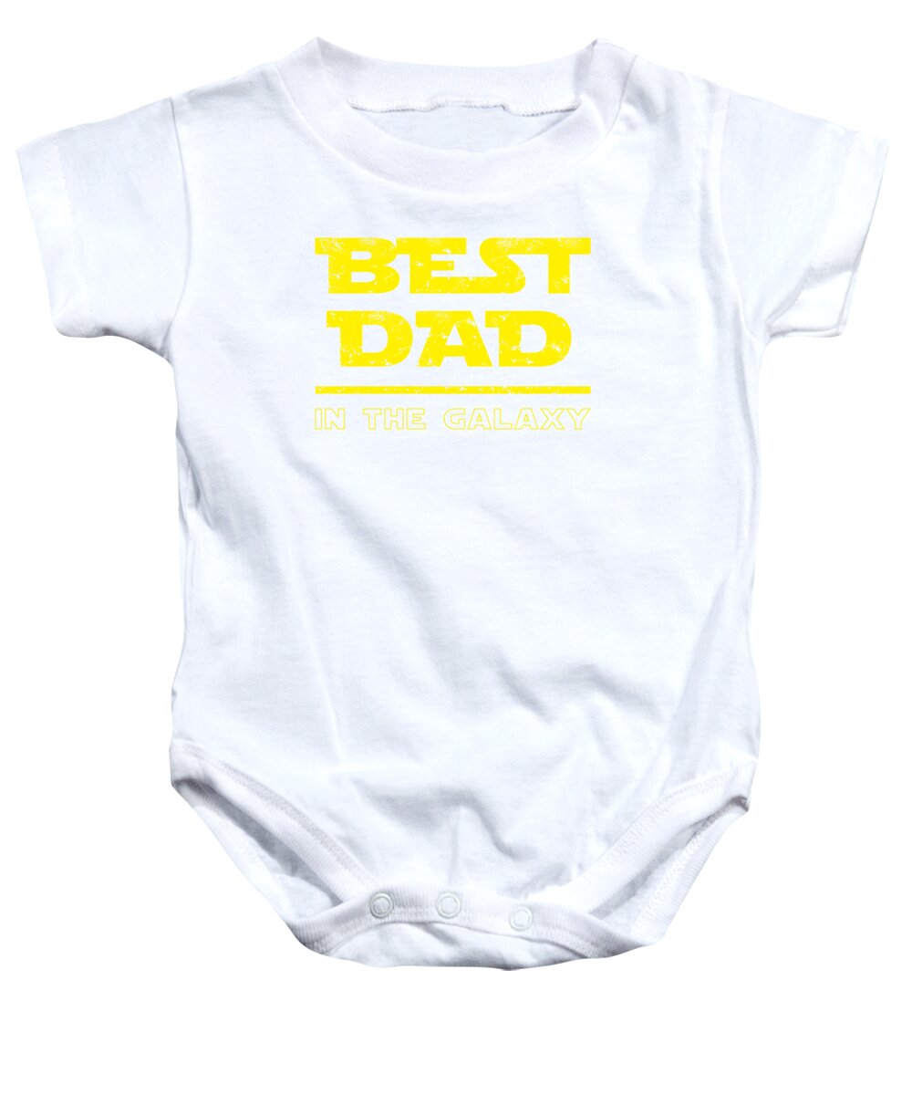 White baby onesie with front text graphic: "BEST DAD" in the galaxy
