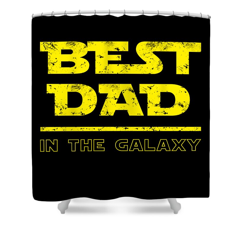 Black shower curtain with yellow Best Dad in the Galaxy text, top grommets.