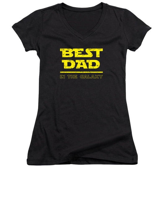Women's black V-neck T-shirt with BEST DAD galaxy graphic