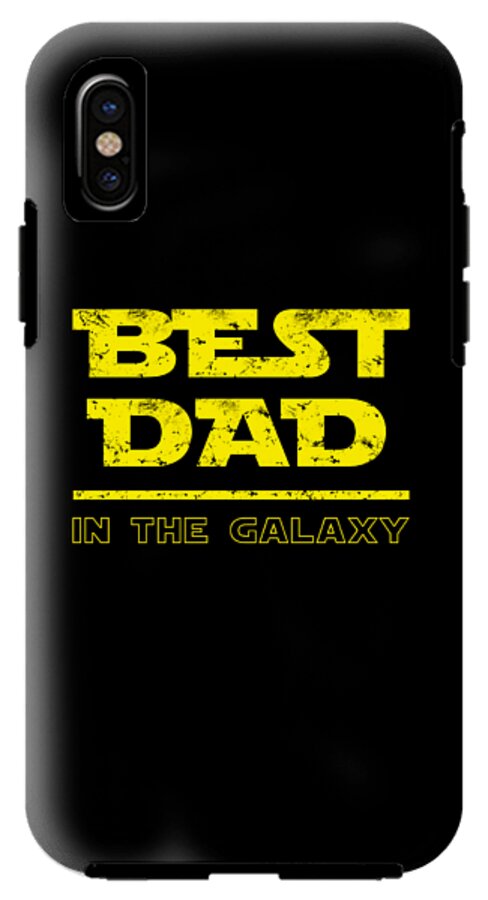 Black phone case with yellow "BEST DAD IN THE GALAXY" text, single camera cutout