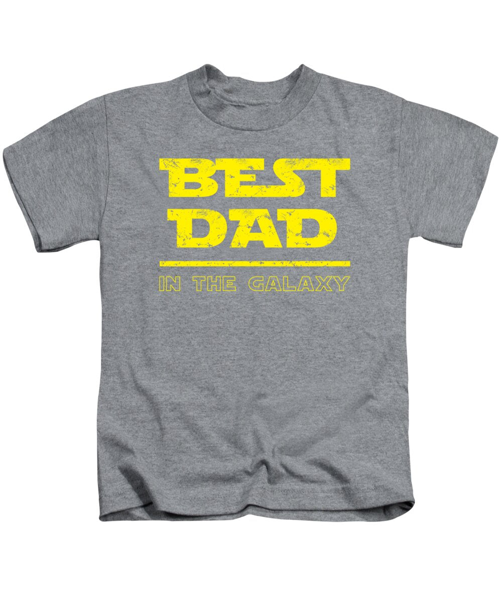 Kids heather gray T-shirt with yellow “BEST DAD” and “IN THE GALAXY” graphic text print