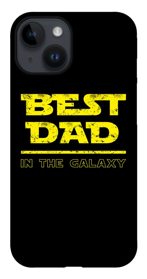 Black phone case with “Best Dad in the Galaxy” yellow graphic and triple camera holes