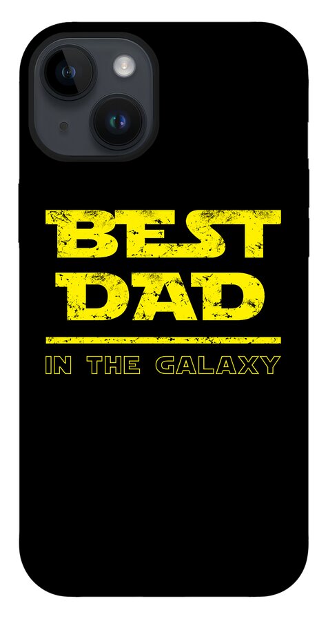 Black phone case with “Best Dad in the Galaxy” yellow print and triple camera openings