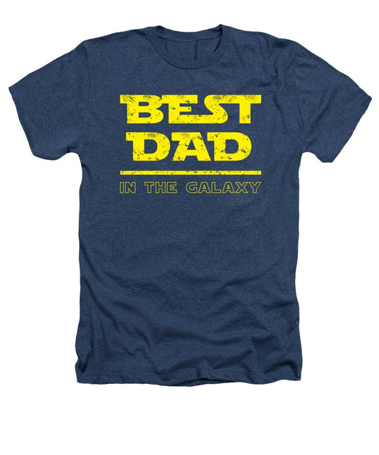 Heathers T-shirt in navy with yellow “BEST DAD IN THE GALAXY” graphic print
