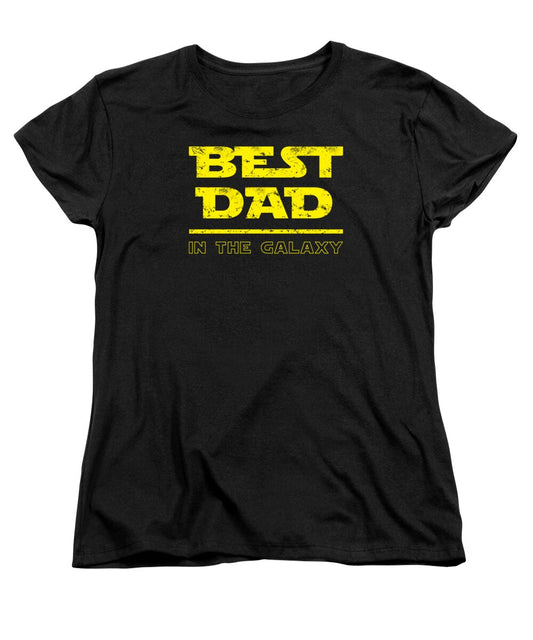 Women's black t-shirt with yellow Best Dad in the Galaxy graphic, crew neck