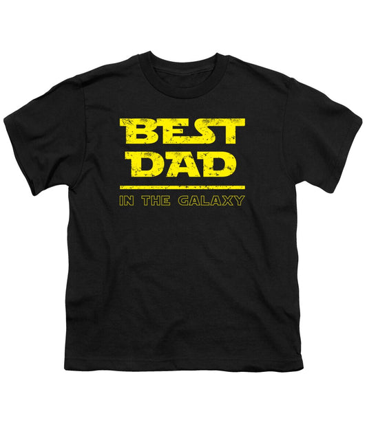 Youth T-shirt, black with “BEST DAD IN THE GALAXY” graphic print in yellow-green