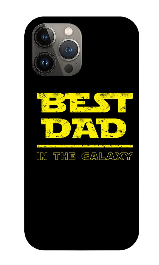 Black phone case with yellow "BEST DAD" and "IN THE GALAXY" text, dual camera cutout
