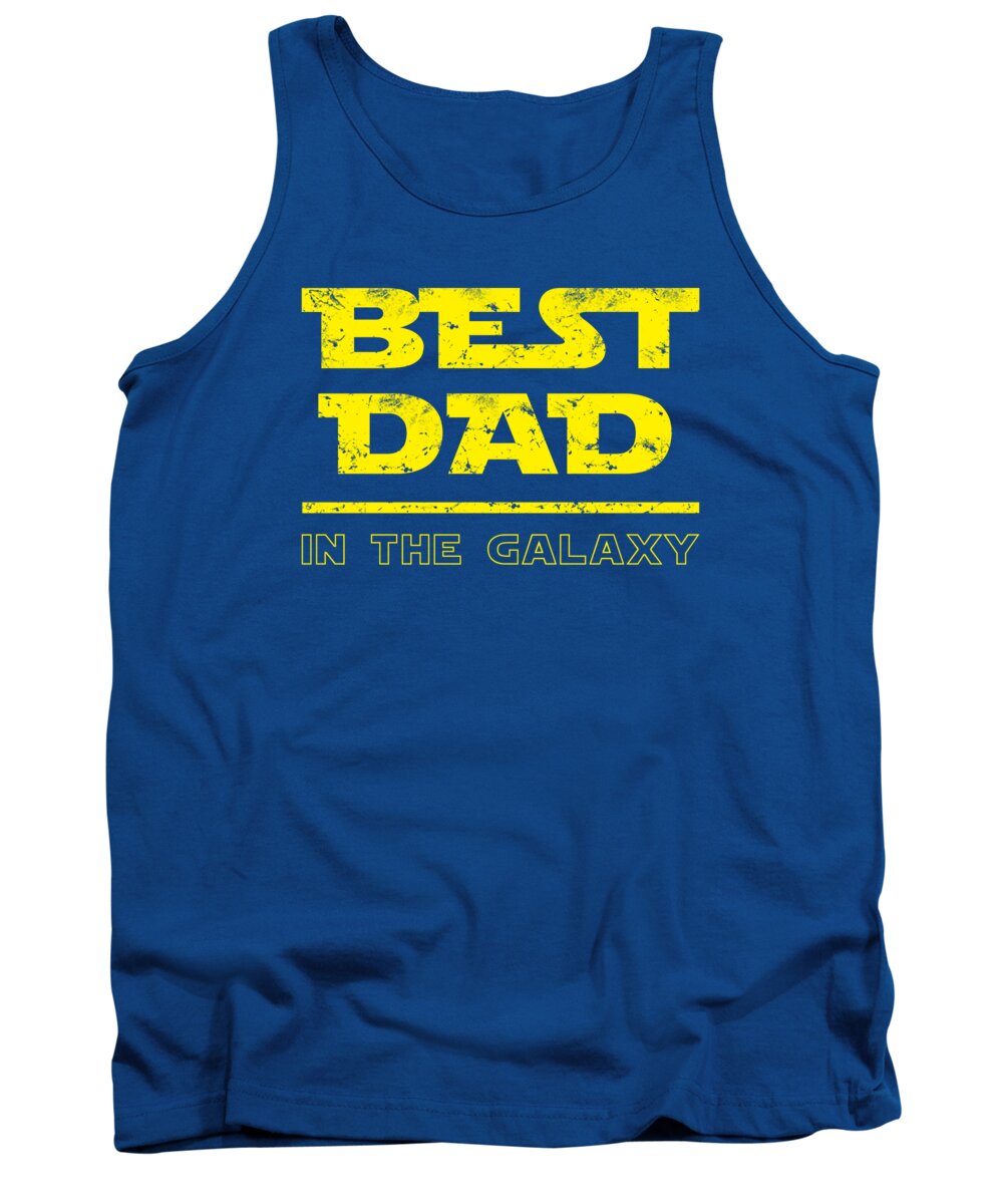 Royal blue tank top with yellow “BEST DAD IN THE GALAXY” front graphic.