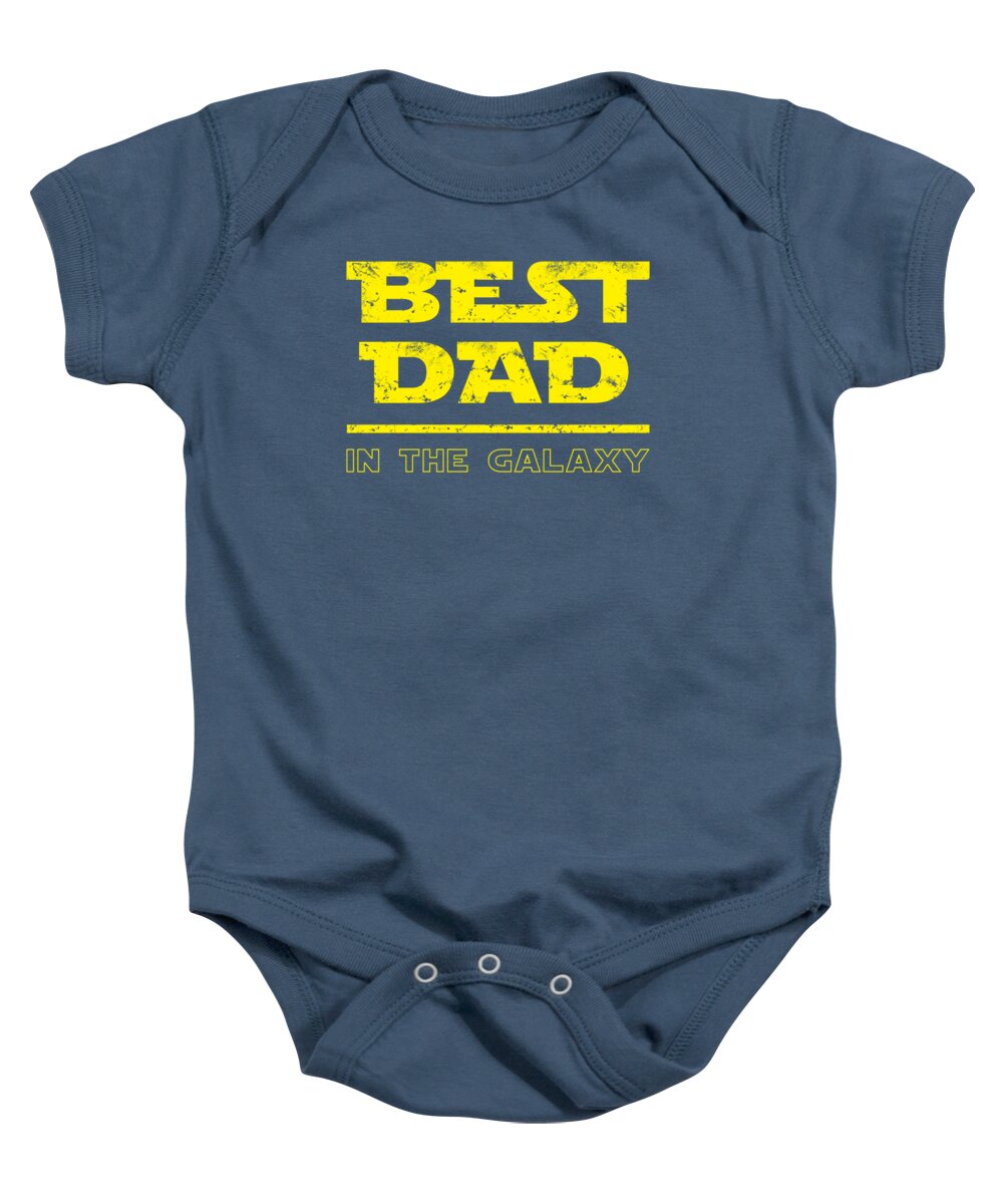 Navy baby onesie with 'BEST DAD IN THE GALAXY' graphic on front, short sleeves