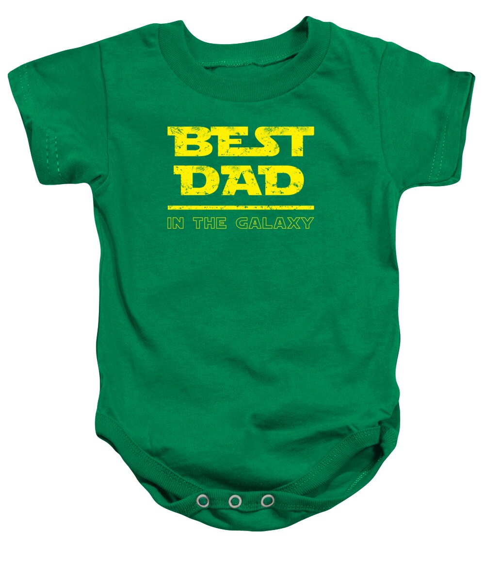 Kelly green baby onesie with 'BEST DAD IN THE GALAXY' graphic on front, short sleeves