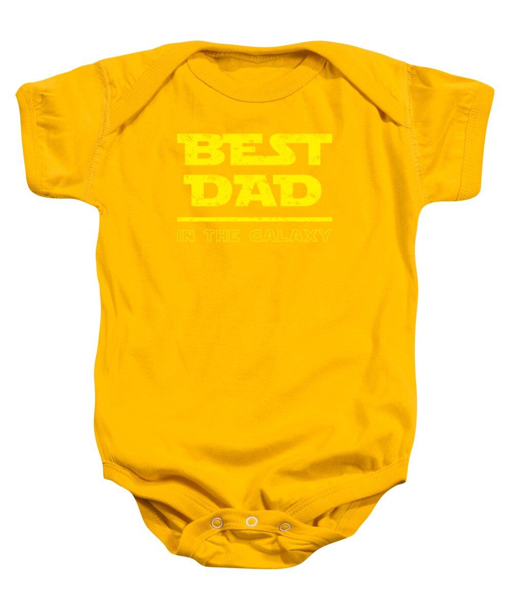 Gold baby onesie with 'BEST DAD IN THE GALAXY' graphic on front, short sleeves