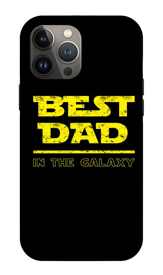 Black phone case with yellow "BEST DAD" and "IN THE GALAXY" text, triple camera cutouts