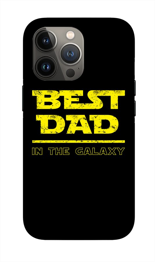 Black phone case with yellow "BEST DAD" and "IN THE GALAXY" text, triple camera cutouts