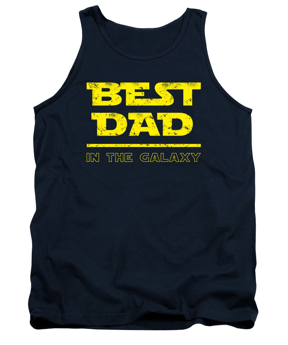 Navy tank top with yellow “BEST DAD IN THE GALAXY” front graphic.