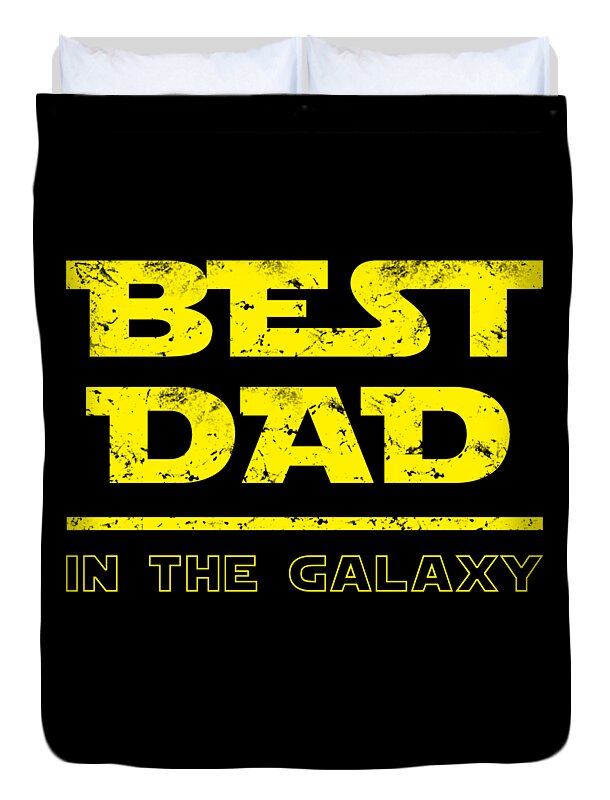Black duvet cover with yellow BEST DAD lettering and IN THE GALAXY line
