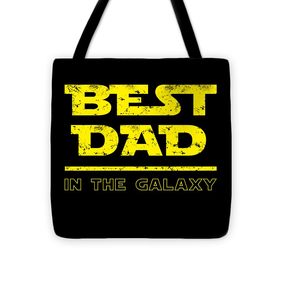 Black tote bag with bold yellow BEST DAD IN THE GALAXY print