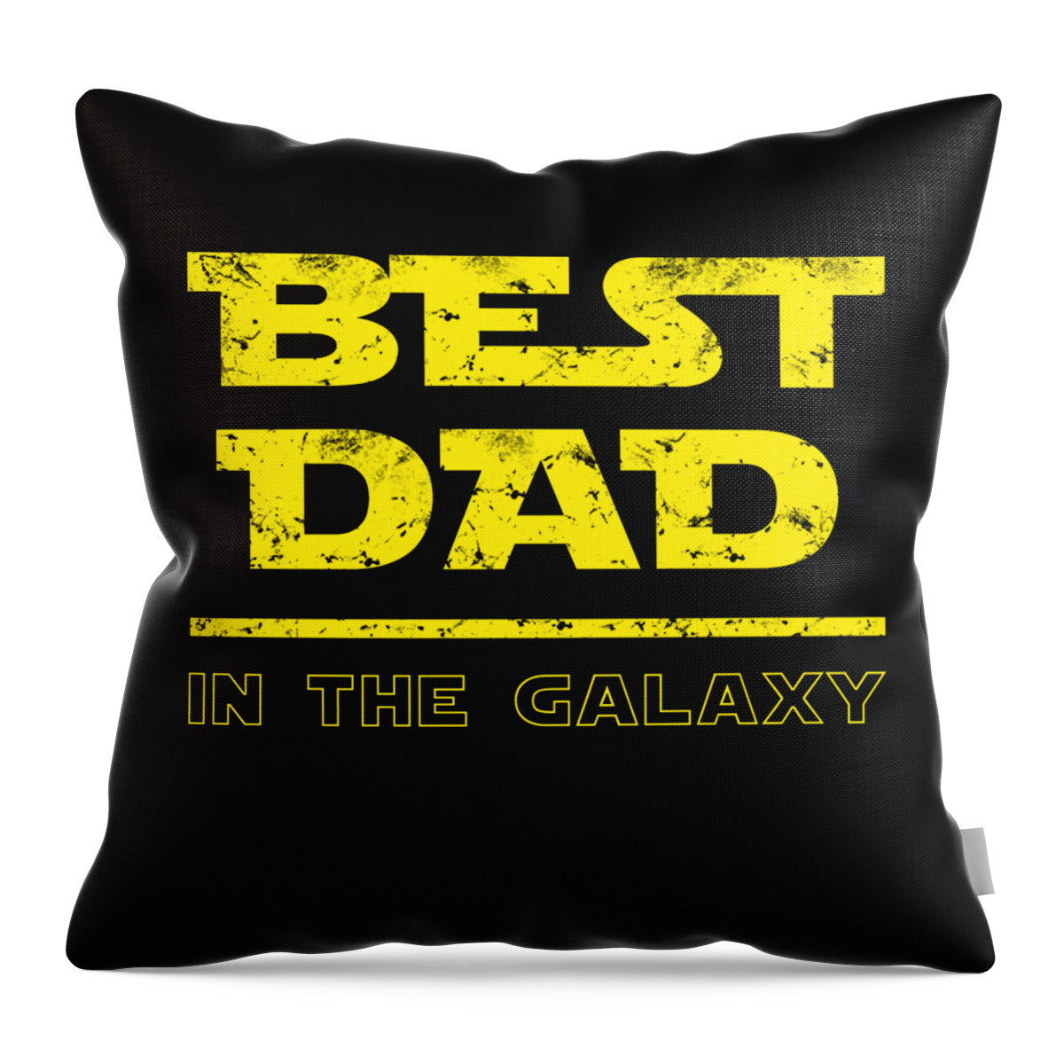 Black square pillow with yellow 'BEST DAD' and 'IN THE GALAXY' message