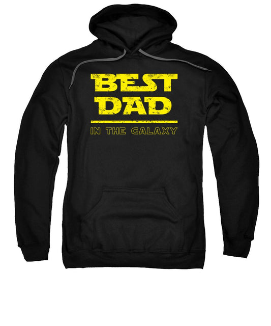 Black hoodie sweatshirt with 'BEST DAD IN THE GALAXY' front graphic