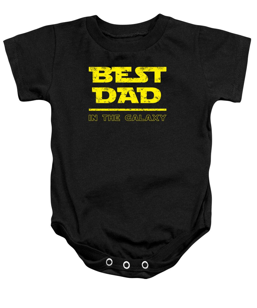 Black baby onesie with 'BEST DAD IN THE GALAXY' graphic on front, short sleeves