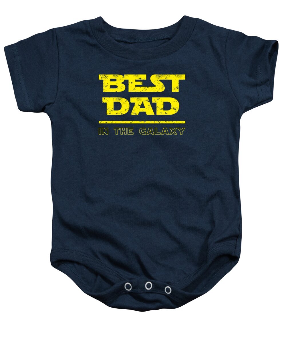 Indigo baby onesie with 'BEST DAD IN THE GALAXY' graphic on front, short sleeves