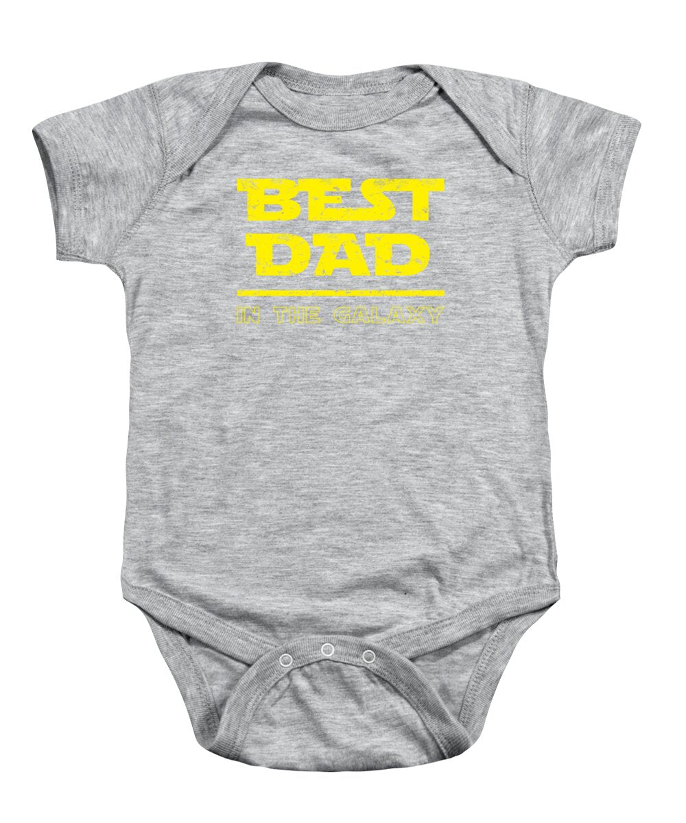 Heather gray baby onesie with 'BEST DAD IN THE GALAXY' graphic on front, short sleeves