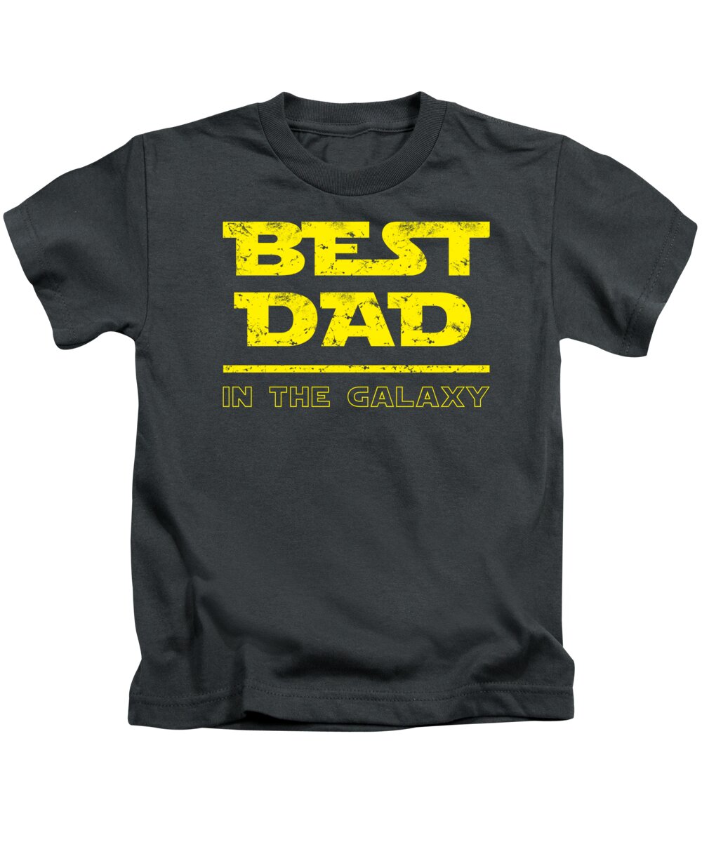 Kids charcoal gray T-shirt with yellow “BEST DAD” and “IN THE GALAXY” graphic text print