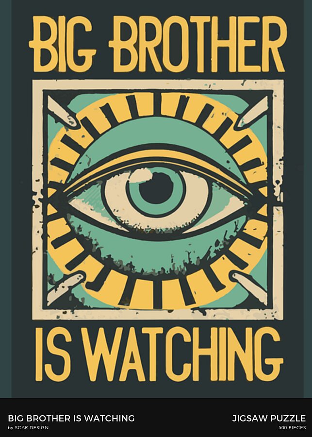 Jigsaw puzzle box with teal eye artwork and "IS WATCHING" headline