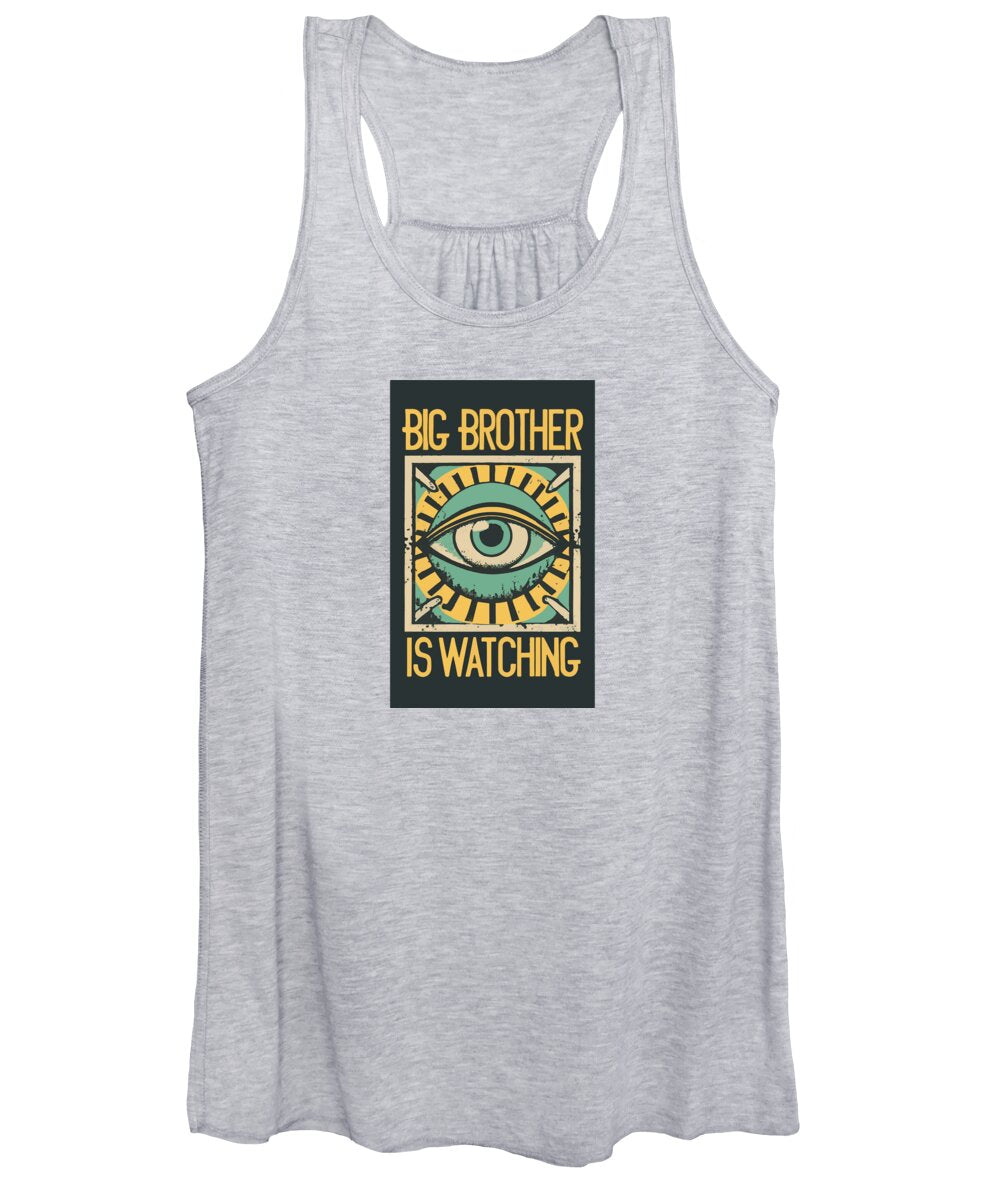 Heather gray women's tank top with surveillance eye graphic