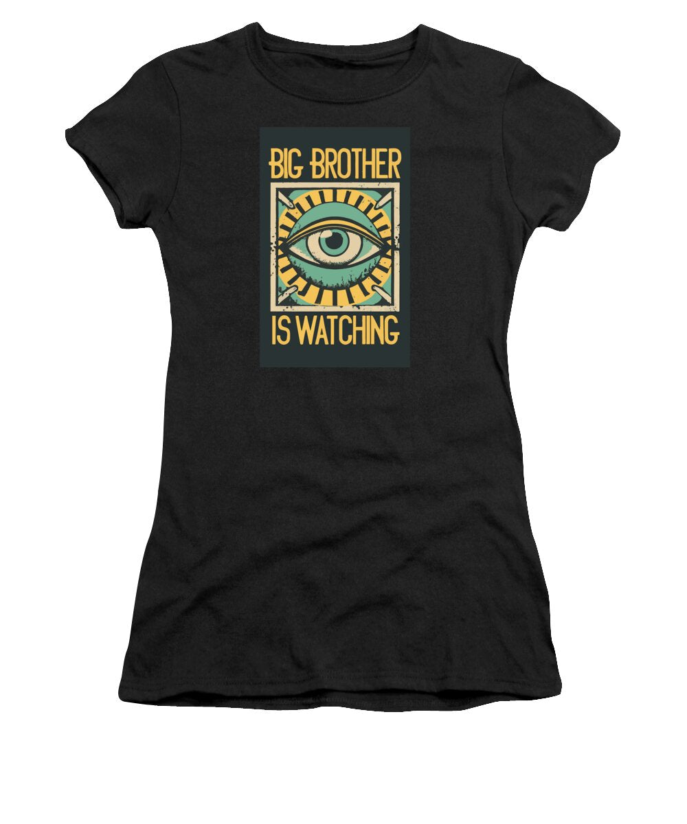 Black women's graphic T-shirt with eye logo and “Big Brother is watching” print