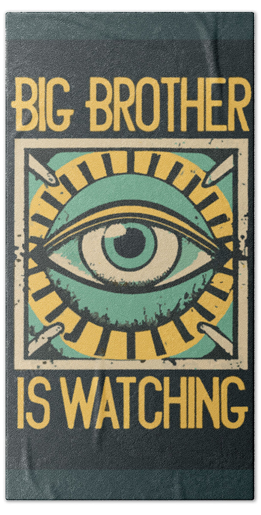 Beach towel with large eye graphic and yellow BIG BROTHER IS WATCHING text