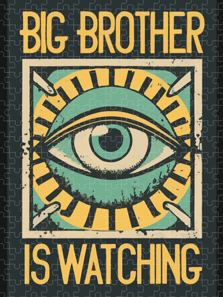 Puzzle with teal eye graphic in a square frame and “BIG BROTHER IS WATCHING” text