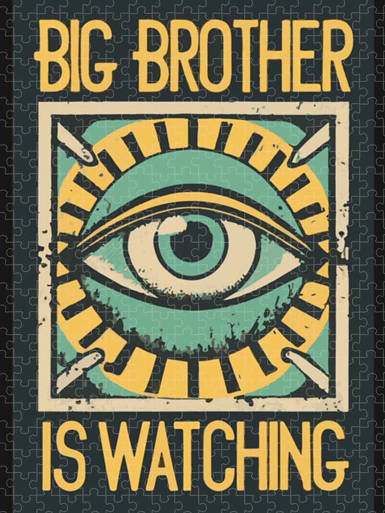 Puzzle showing teal eye illustration with “BIG BROTHER IS WATCHING” text