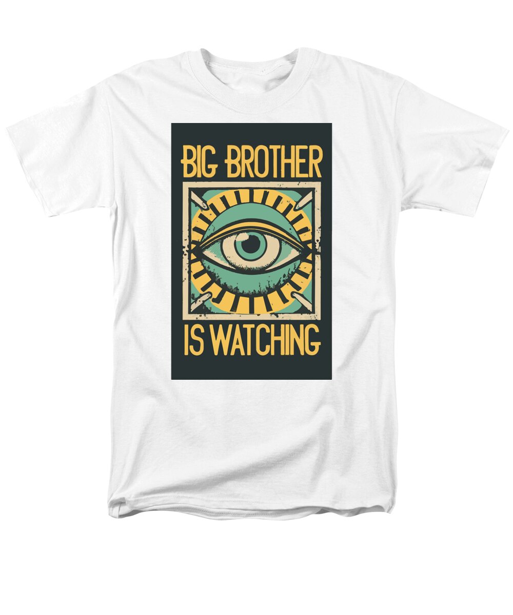 White men’s t-shirt with “Big Brother is Watching” eye graphic on front