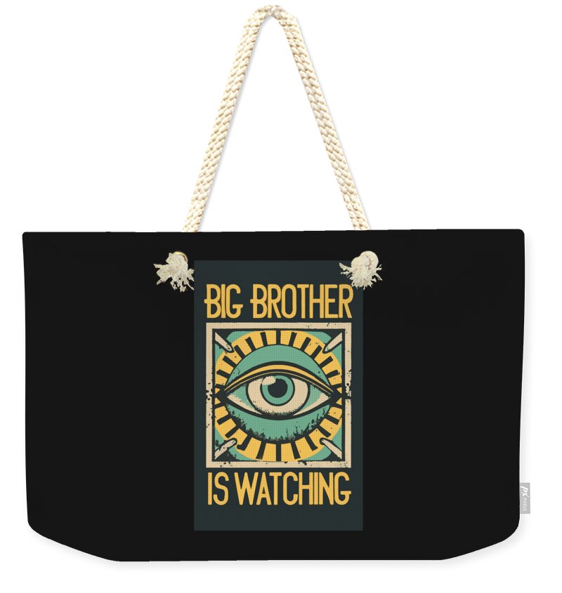 Weekender tote bag with black fabric and front graphic, braided white rope handles.