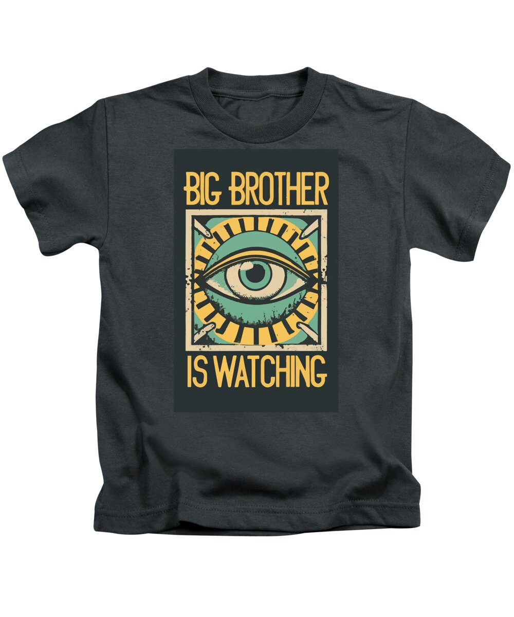 Kids charcoal T-shirt with front eye graphic and yellow “BIG BROTHER IS WATCHING” text
