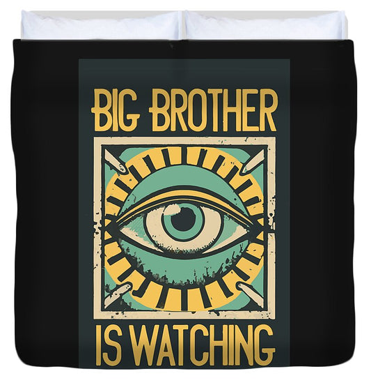 Black duvet cover with central eye print and 'Big Brother is Watching' lettering